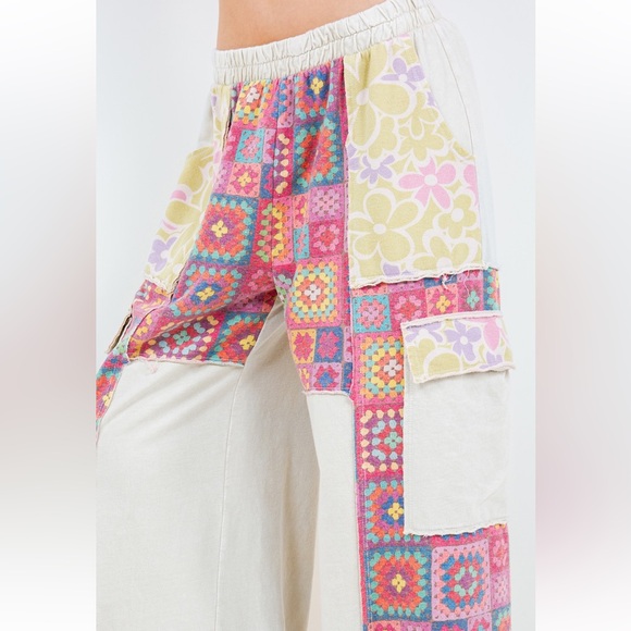 New Boutique Mineral Washed BOHO Crochet Floral Printed Pants So Fun! - Picture 5 of 7
